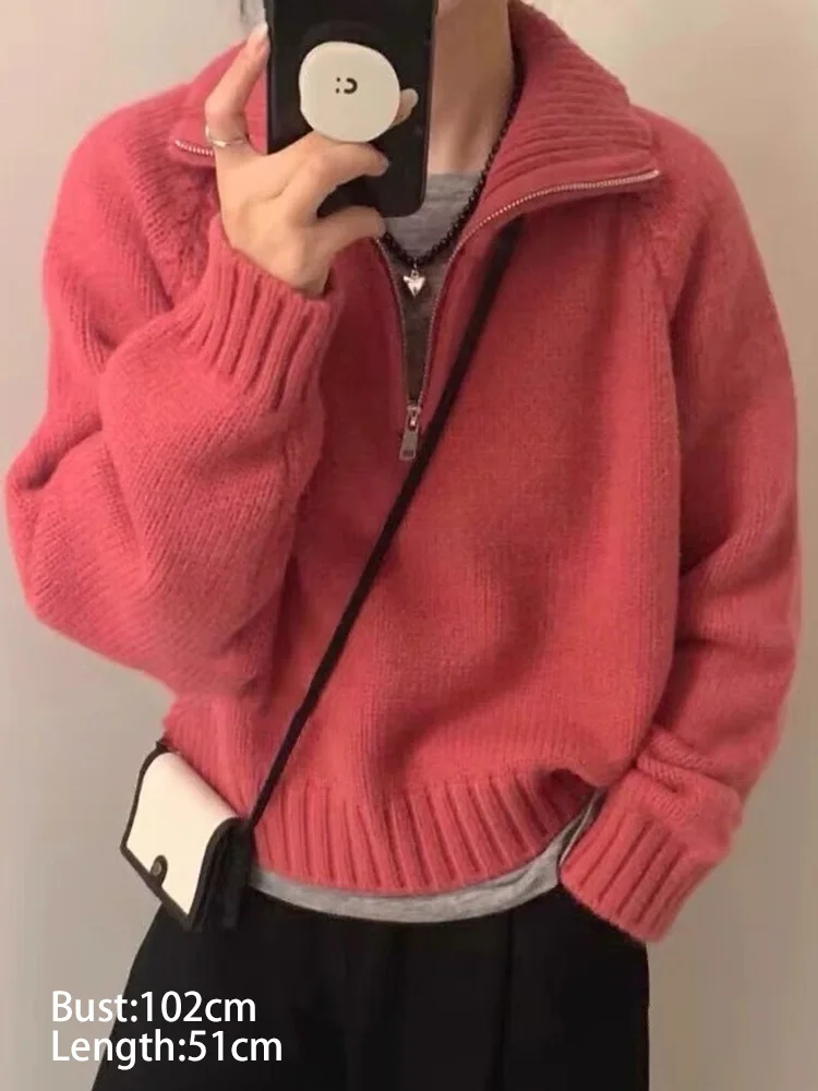 Rollkragen Süße Revers Lose Tops Beiläufige Gestrickte Elegante Koreanische Jumper Herbst Winter Lange Ärmeln Halb Zipper Pullover Pullover