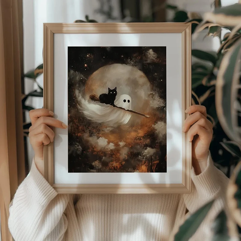 Cute Ghost Hugs Black Cat Print Ghost and Black Cat Halloween Art Canvas Painting Vintage Wall Art Poster Home Decor
