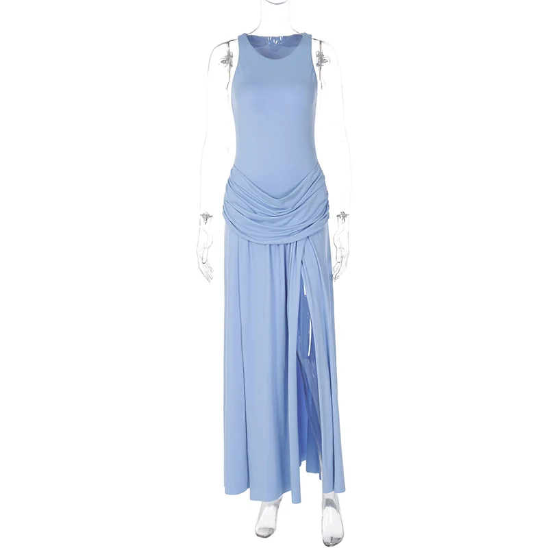TARUXY Sexy Slit Pleated Dress Women's Fashion Solid Sleeveless Slim High Waist Patchwork Dress Summer New High Street Clothing