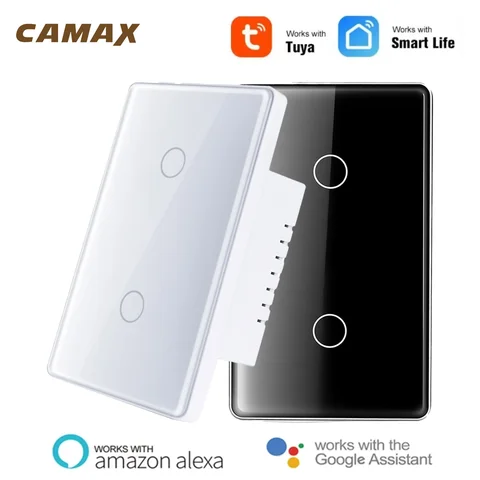2 Gang Tuya WiFi Smart Switch US Need‑Neutral Wire Required Glass Touch Light Switch Work with Alexa Google Home Wireless