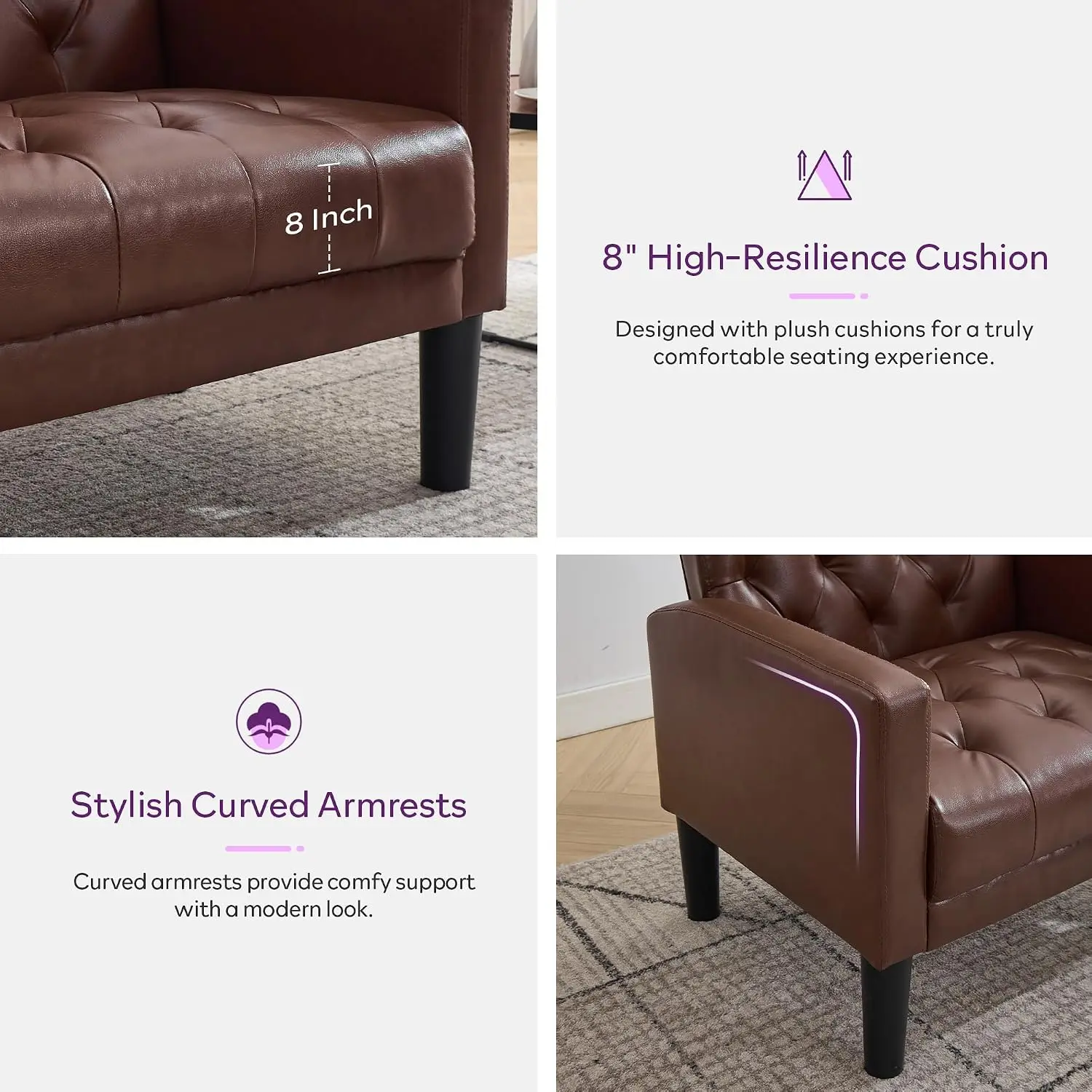 Leather Tufted Armchair Set of 2 for Living Room Mid-Century Modern, Customized