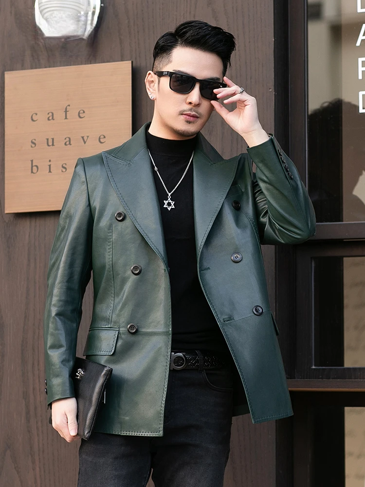 Spring New Genuine Leather Men\'s Suit Jacket Dark Green High Quality Sheepskin Thin Blazer Men Real Leather Business Casual Coat