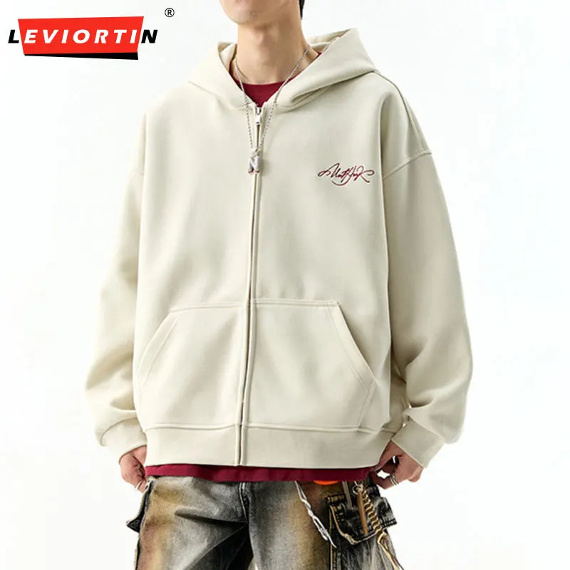 

Модный мужской двухслойный кардиган с капюшоном в американском стиле ретро, свободная толстовка на молнии на флисовой подкладке с вышивкой алфавита