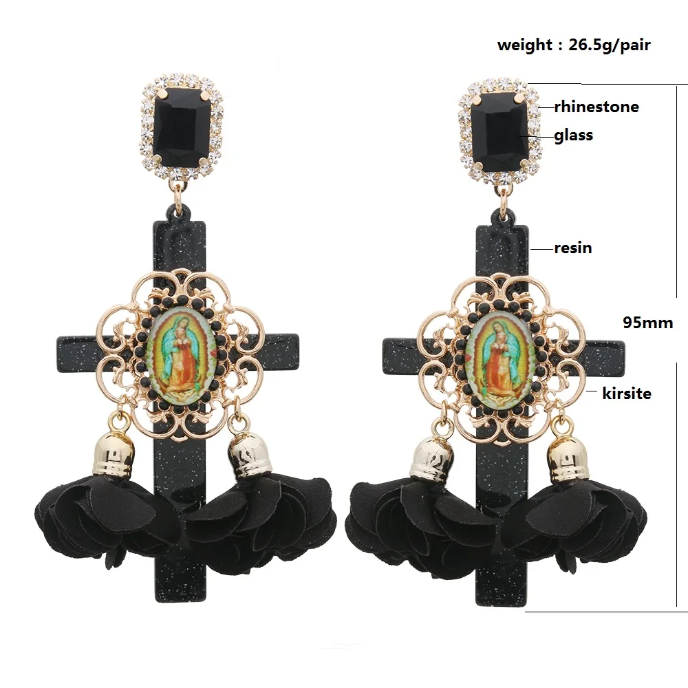 New Drop Cross Earrings Maria Bohemia Exaggeration Tassel Crystal Big Religion Large Long Brinco Ear Oorbellen Christmas Gift