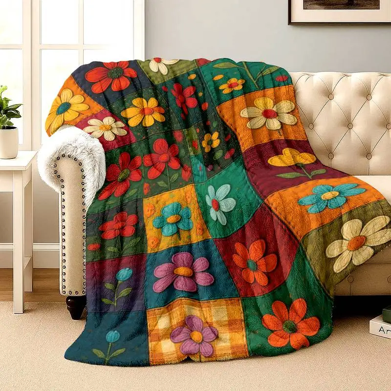 

Bohemian Floral Patchwork Throw Blanket, Soft Cozy Flannel Blanket for Couch Sofa Bed, Boho & Hippie Lover Gift