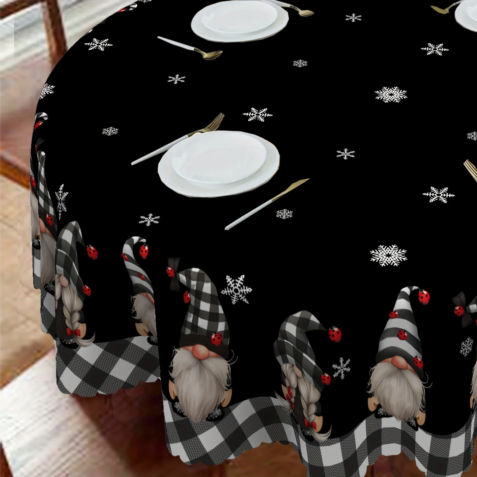 Christmas dwarf black-and-white checkered snowflake theme tablecloth - dwarf Santa Claus
