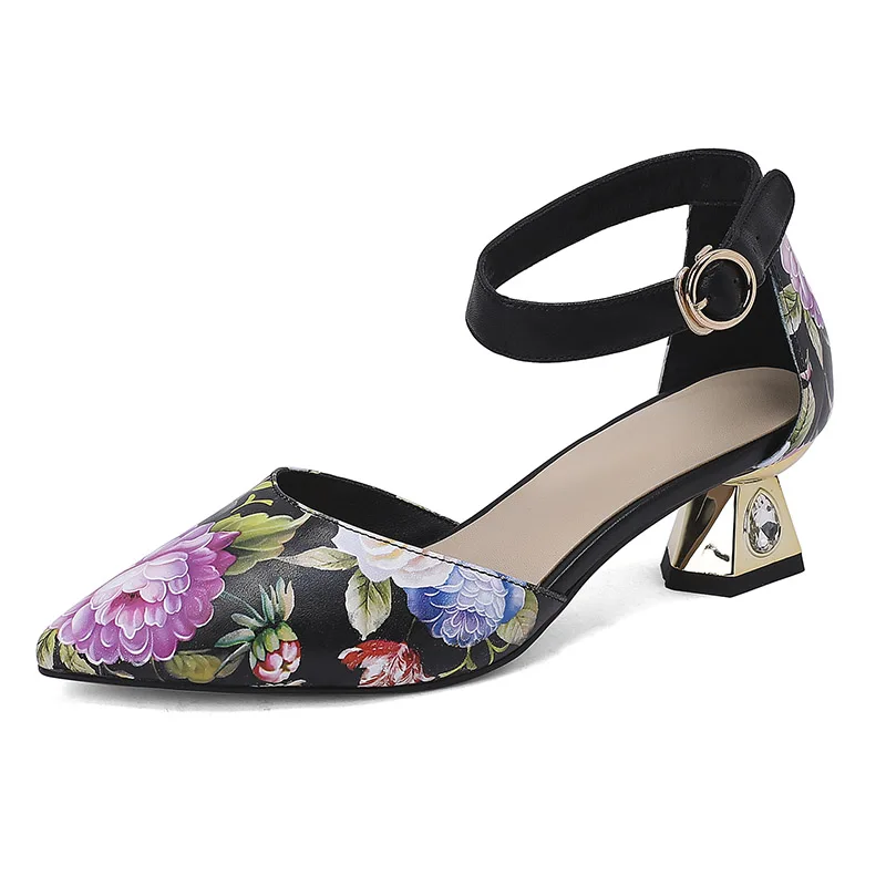 Phoentin Women Genuine Leather flower print Ankle Strap Two-Piece Pumps Pointed Toe Buckle Mid Heels ethnic Summer sandal FT2615