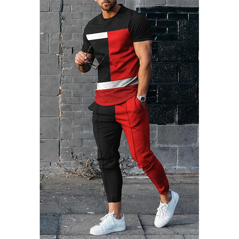 Summer Men\'s T-shirt Long Pants Tracksuit Geometry 3D Print T Shirts Trousers Set 2 Pieces Streetwear Oversized Suits Sportswear