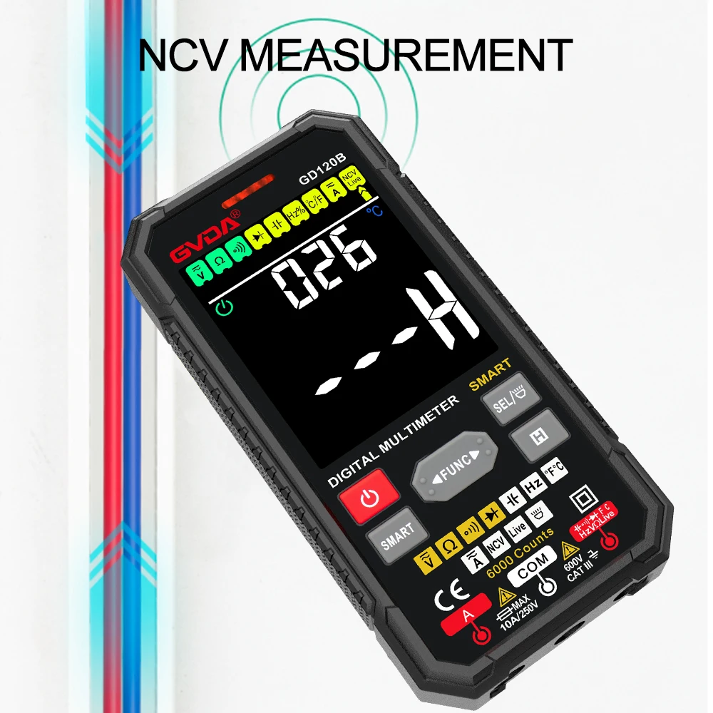 GVDA New Digital Multimeter T-RMS Auto Range AC DC NCV Color LCD Smart Multimetro Tester Ohm Capacitance Hz Temp Voltage Meter