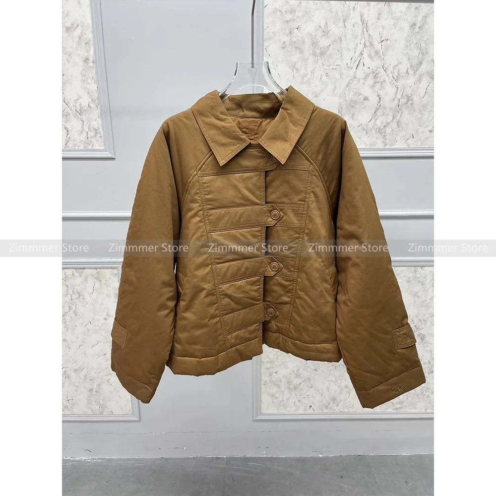 Fashion Women\'s 24 Autumn and Winter Retro Lapel Drop Shoulder Jacket Solid Colour Straight Button Loose Cotton Jacket