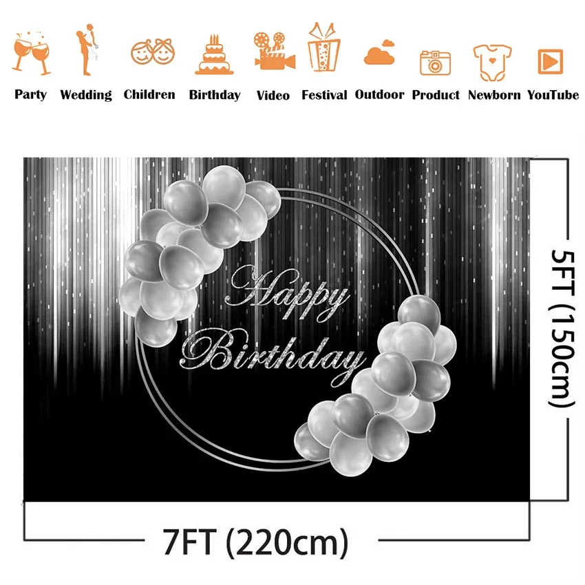 Grauer Glitzer-Geburtstagshintergrund, schwarz, für Erwachsene, Geburtstagsfeier, Dekoration, Dessert-Tischbanner, Hintergründe für Frauen und Männer
