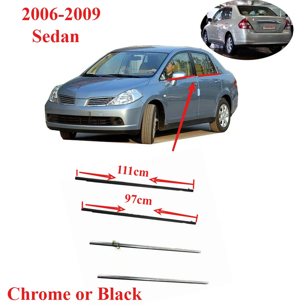 4 Pieces Sedan  80821-ED500 Chrome or Black Window Glass Sealing for TIIDA 2006-2009 111cm 97cm Weather Glass Protect Rubber