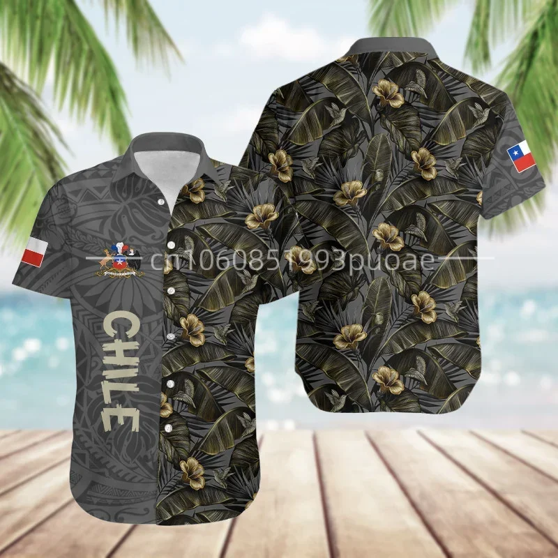 2024 New Chile Hawaii Shirt 3D Print Men\'s Hawaiian Beach Shirt High Quality Button Fashion Short Sleeve Top