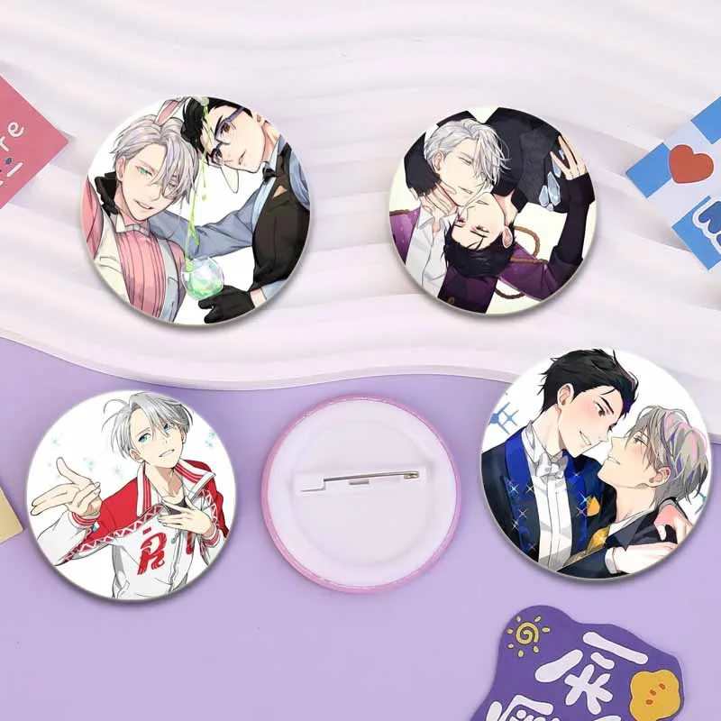 YURI!!! on ICE Tinplate Pins Round Cartoon Brooches for Backpack Cothes Accessories BL Anime Collection Badge Decoration Gift