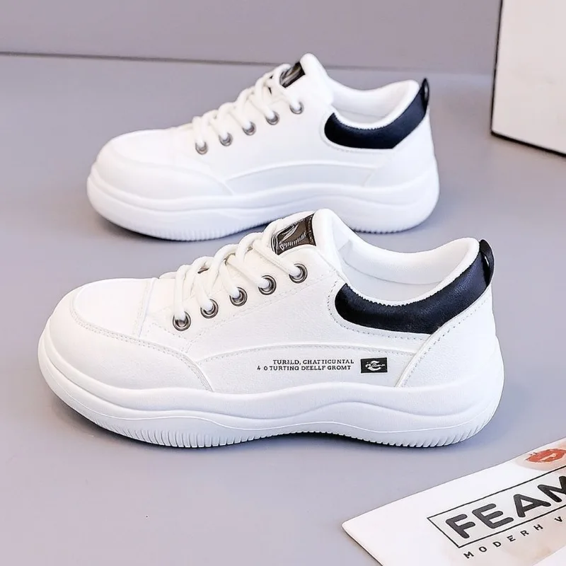 Women's Spring Autumn New Style Leather Surface Running Shoes Comfortable All-Match Thick Bottom Sports Sneakers