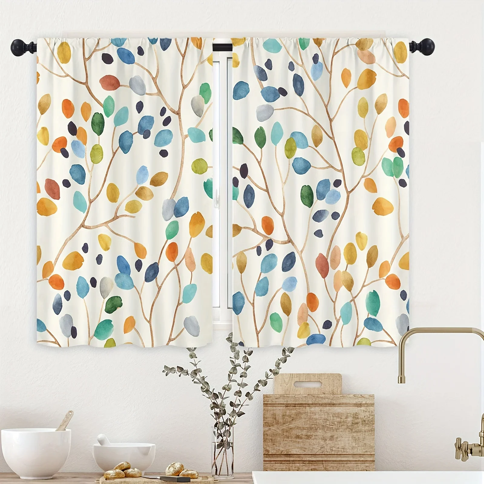 Colorful Leaves Kitchen Curtains 2 Panels Set Cafe Curtains Farmhouse Country for Bathroom Living Window Drapes