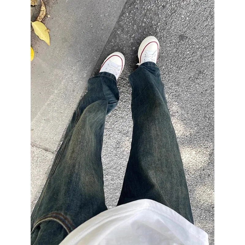 

Retro Deep Blue Men's Jeans Summer High Street Vibe Trendy Brand Weathered Flared Straight Leg Denim Pants Loose Straight Cut