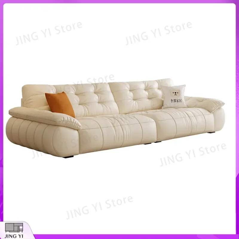 French Cream Leather Coffee Table Set with Puff Cloud Sofa First Layer Cowhide Living Room Small Unit Sailing Style Modern