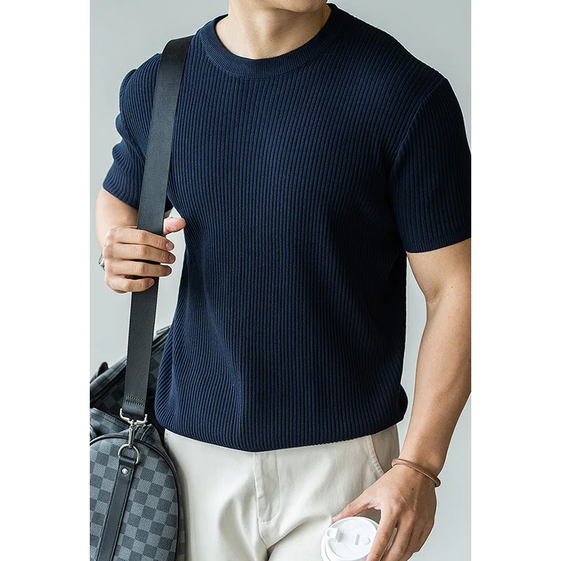 

American Retro round Neck Color Knitted Short Sleeve T-Shirt Men's Casual Breathable Fashion Urban Style Spring Summer ...
