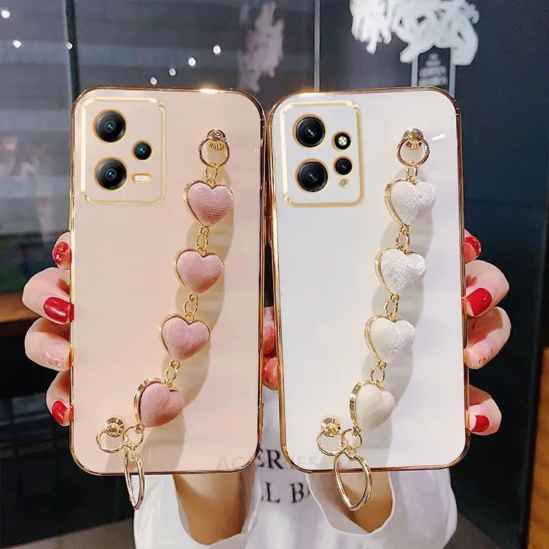 Note12 Love Heart Bracelet Case For Xiaomi Redmi Note 12 Pro 12pro 4g 5g 11 11s 10 10s 9 8 Chain Plating Silicone Cover 10c 12c