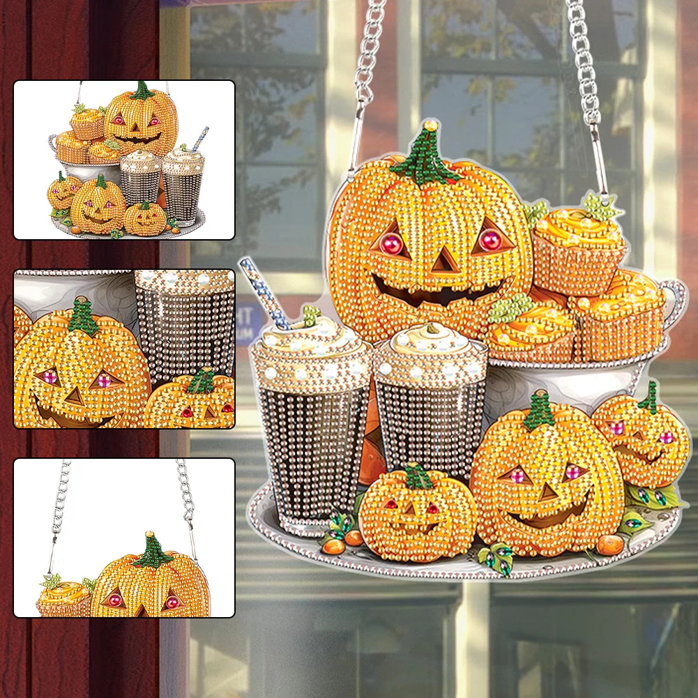 Acrylic 5D DIY Diamond Painting Dots Pendant Pumpkin Afternoon Tea Single-Sided Special Shape+Round for Garden Window Decoration