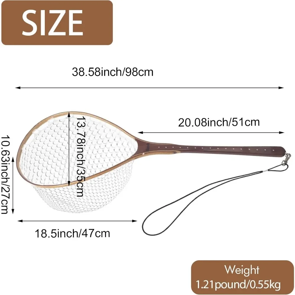 Fly Fishing Net Landing Net Trout Fishing Wooden with Measuring Mark Soft Rubber Bag Catch & Release