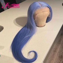 Peluca de cabello humano liso para mujer, postizo de encaje Frontal transparente, color morado, azul, HD, brasileño