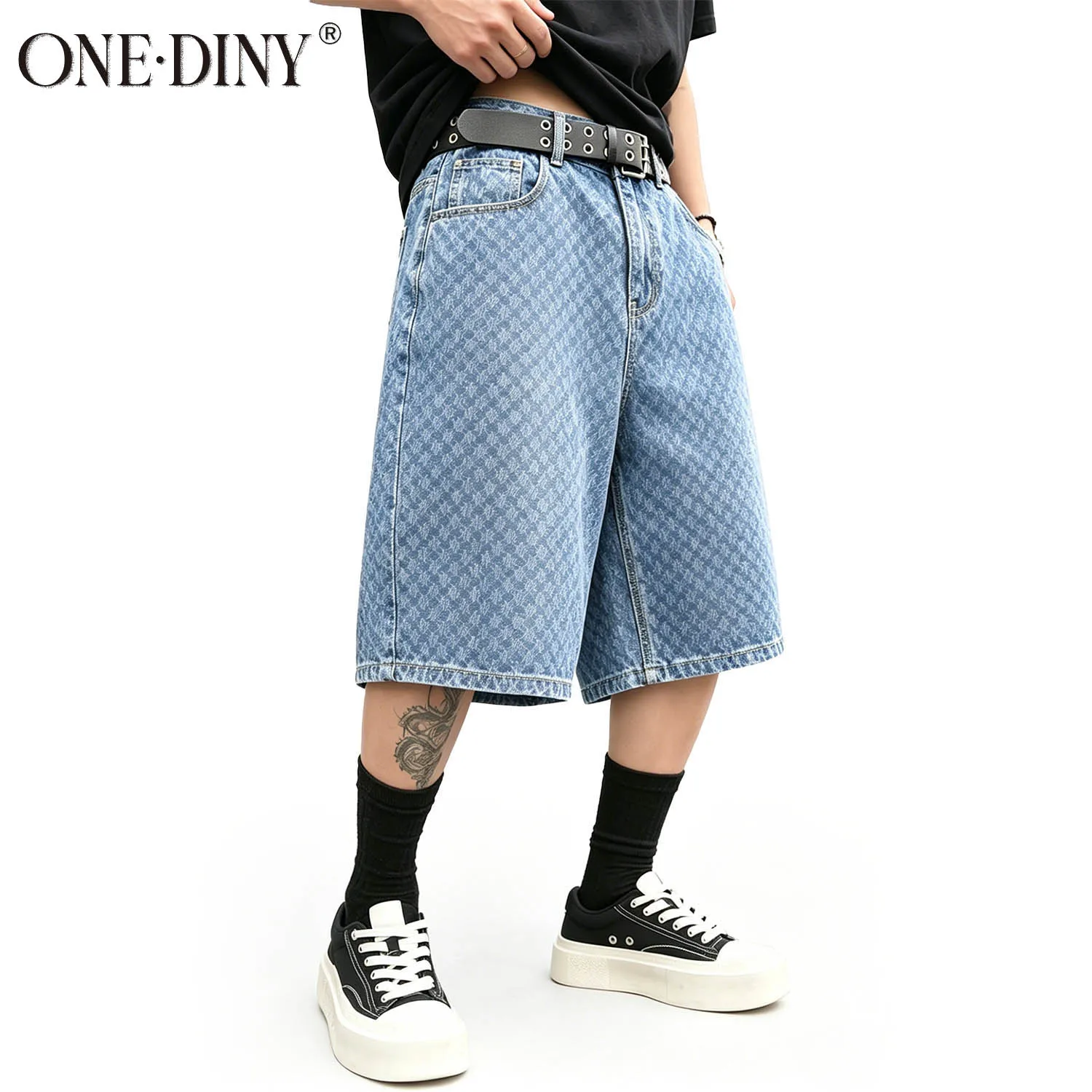 ONE·DINY American High Street Jacquard Washed Dark Pattern Cowboy Men's Summer Loose Wide Leg Trendy Brand Street Vacation Pants