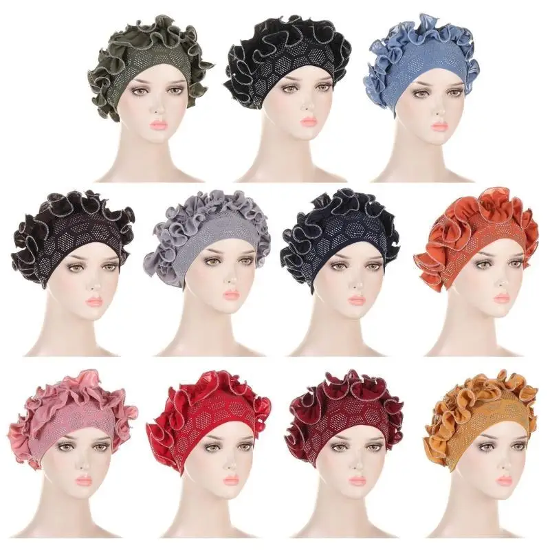

652F Popular Muslims Turban Cap with Hot Drilling Ruffle Beanie Hat Exotic Flower Headwrap Hat Women Ethnic Indian Cap