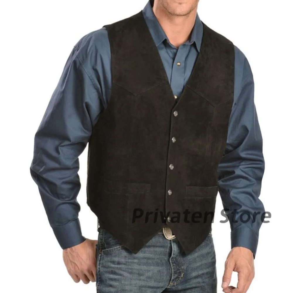 Men's Vest Suede Black Leather All Season Classical Vintage Western Cowboy Waistcoat Gilet Sleeveless Jacket chaleco