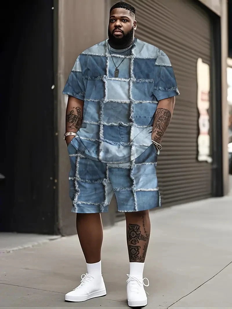 

Джинсовая футболка и шорты с рисунком, комплект из 2 предметов, мужская одежда больших размеров 2025 года, повседневные свободные шорты с завязками на талии, топ с короткими рукавами