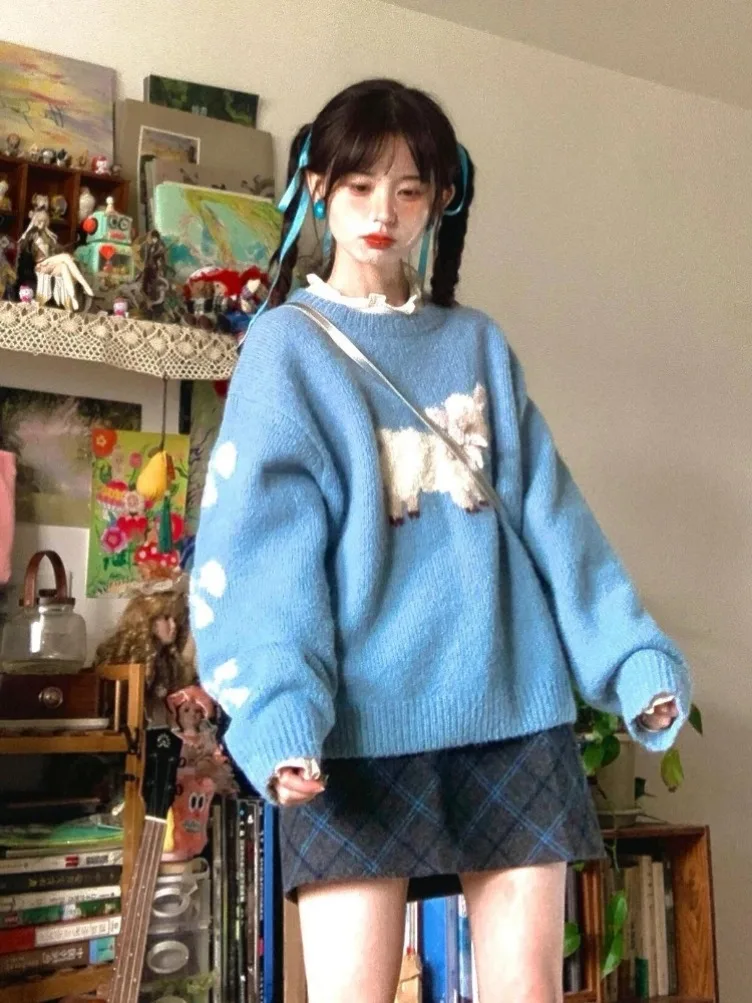 New Sweet Cute Sweaters Bow Cartoon Jacquard Contrast Color O Neck Long Sleeve Pullovers Preppy Style All Match  Women Clothing