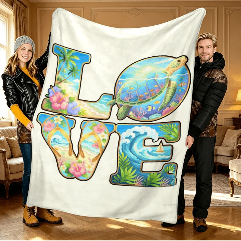 Tropical Sea Life Ocean Vibes Lettering Beach Lover Gift Throw Blanket for Home Decor 150x200cm