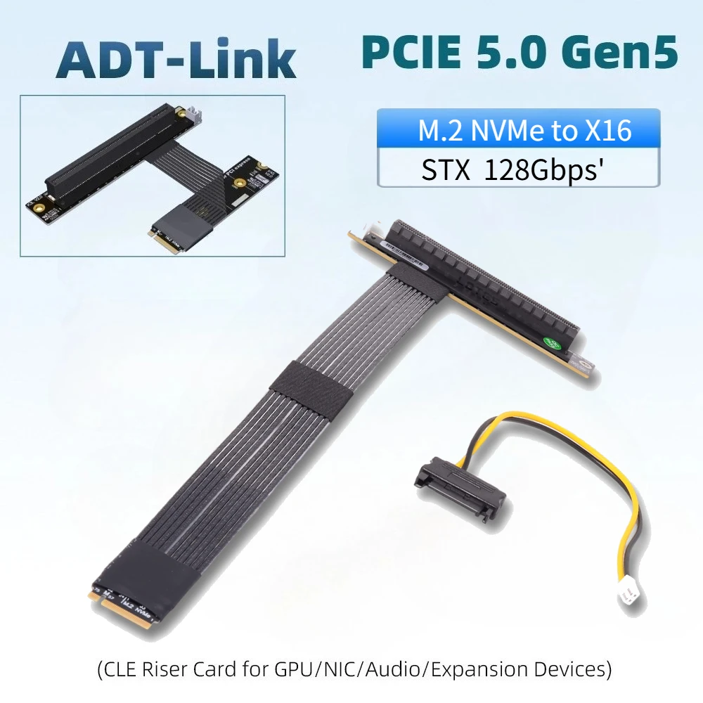ADT-Link M.2 NGFF NVMe to PCIe 5.0 x16 Riser Cable Graphics for STX Nvidia/AMD GPU Cards Extension Gen5 M.2 ultra SSD M-key Slot