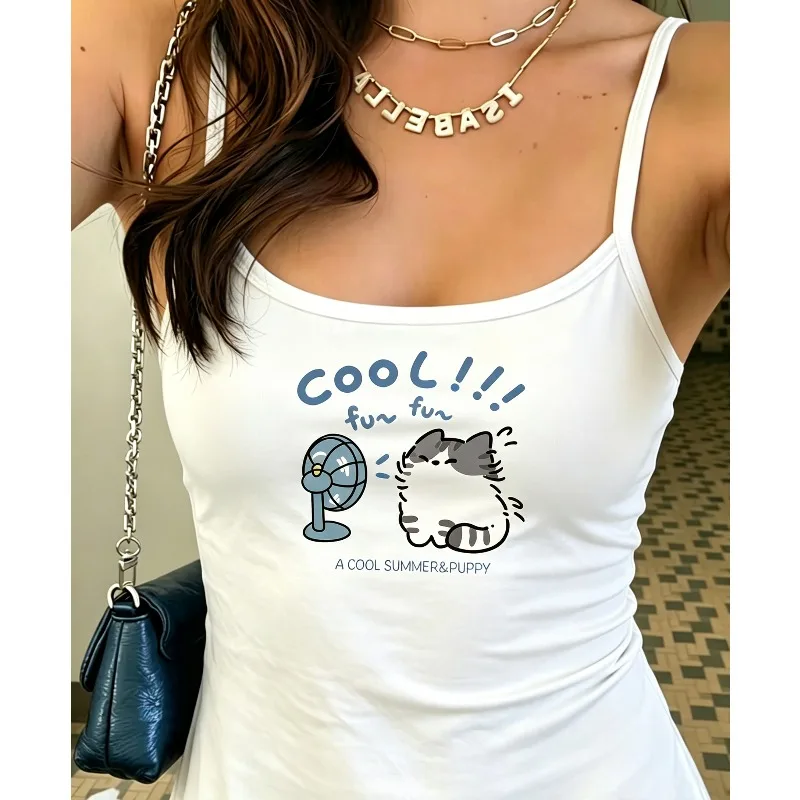 Women Cool Summer Cat Fan Graphic Spaghetti Strap Tank Top Cute Cartoon Kitty Print Y2K Casual Daily Basic Vest