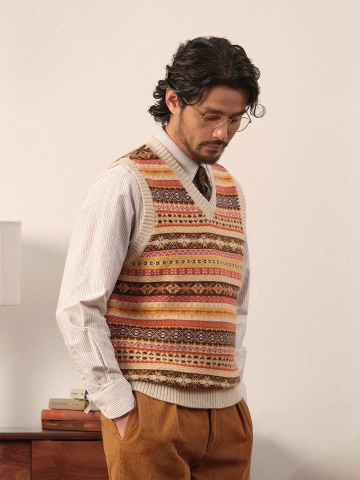 Pure Wool Shirt Layering Knitted Spring Suit Vest Men Fair Isle