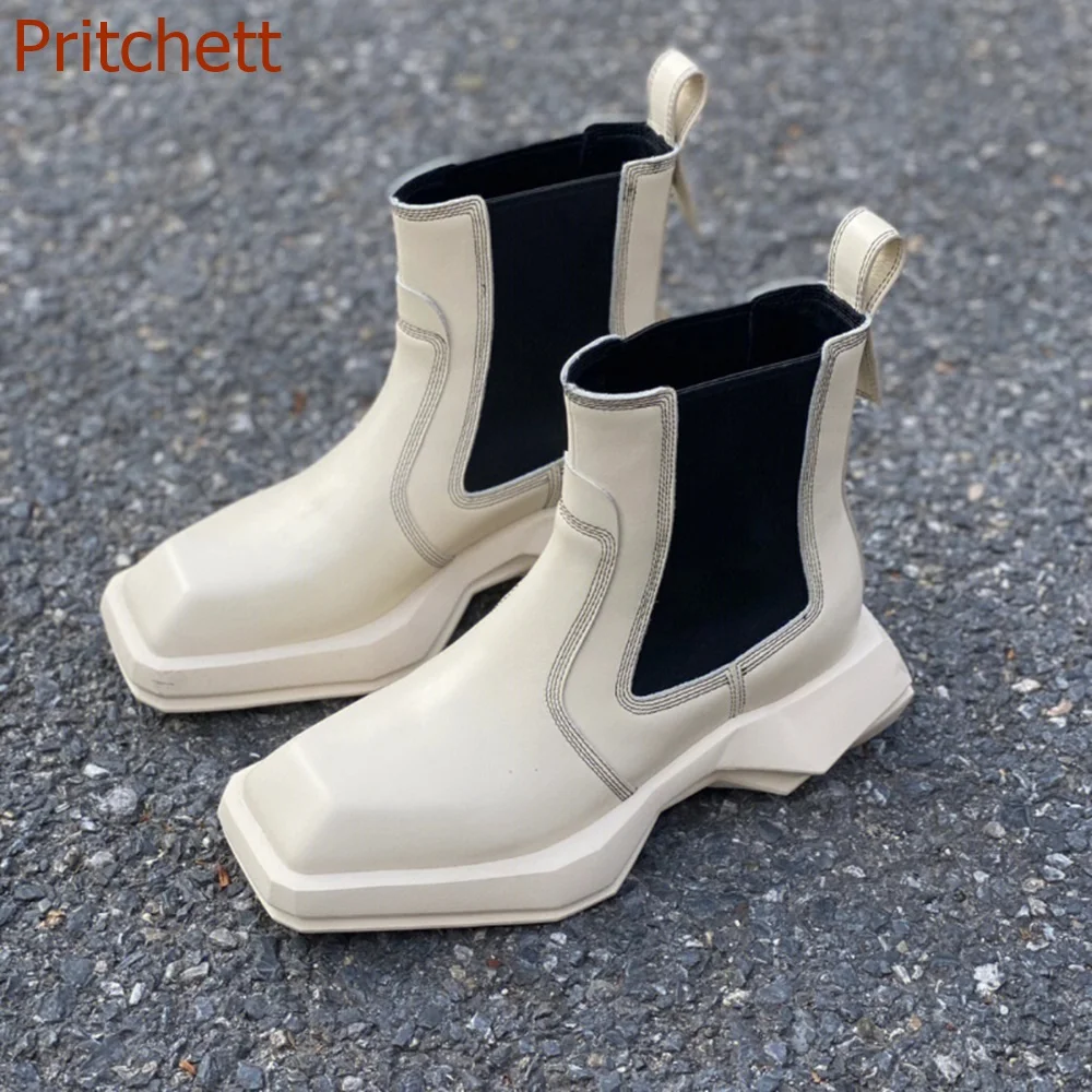 

Irregular Sole Square Toe Chelsea Boots Elastic Sleeve Boots Thick Heel Thick Sole Ankle Fashion Mixed Color Casual Women Shoes