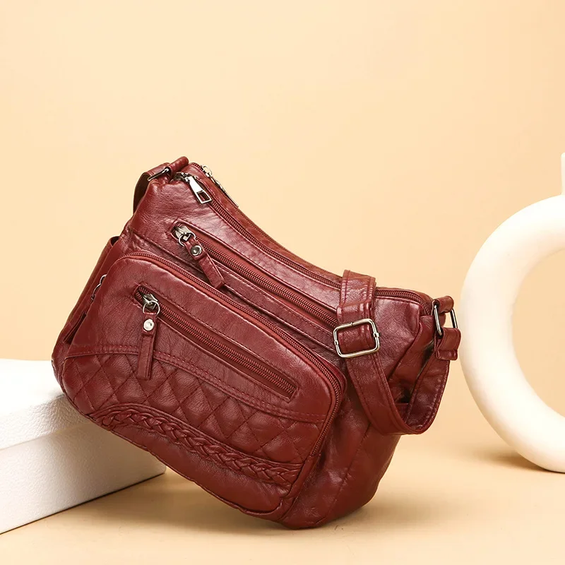 2024 Autumn and Winter New Washed Soft Leather Multi-pocket Shoulder Messenger Women's Bag Fashion Wave Element Bag