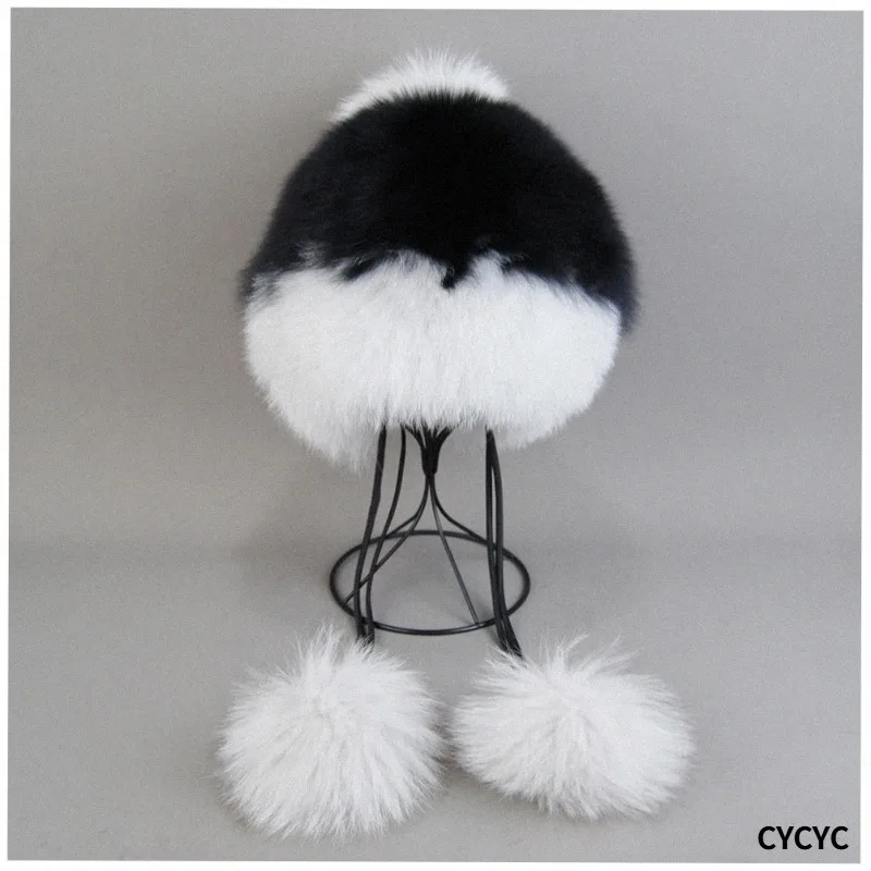Women Winter Ushanka Hats Bomber Russian Woman Fluffy Trapper Natural Fox Fur Cap Warm Round Ladies Real Fox Fur Hat