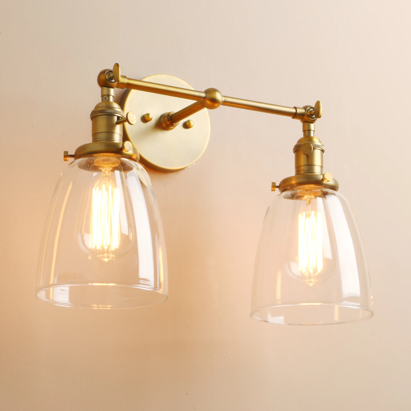 Phansthy Double Sconce Vintage Industrial Antique 2-Lights Wall Sconces with Oval Cone Clear Glass Shade