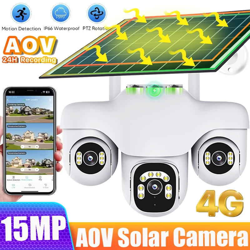 Cámara Solar AOV 4G para exteriores, tres lentes, 15MP, protección de seguridad, soporte de vigilancia, grabación de vídeo 24/7, visión nocturna impermeable