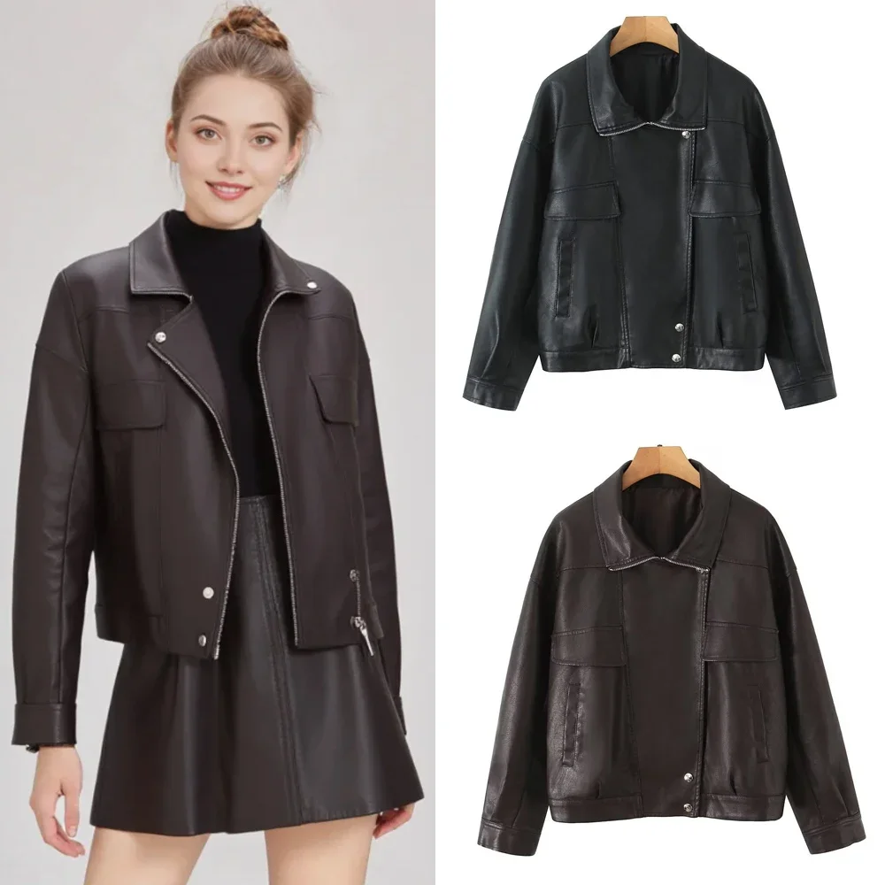

Женская свободная мотоциклетная байкерская черная куртка из искусственной кожи, весенне-осенняя куртка на молнии, верхняя одежда, женская высококачественная куртка большого размера