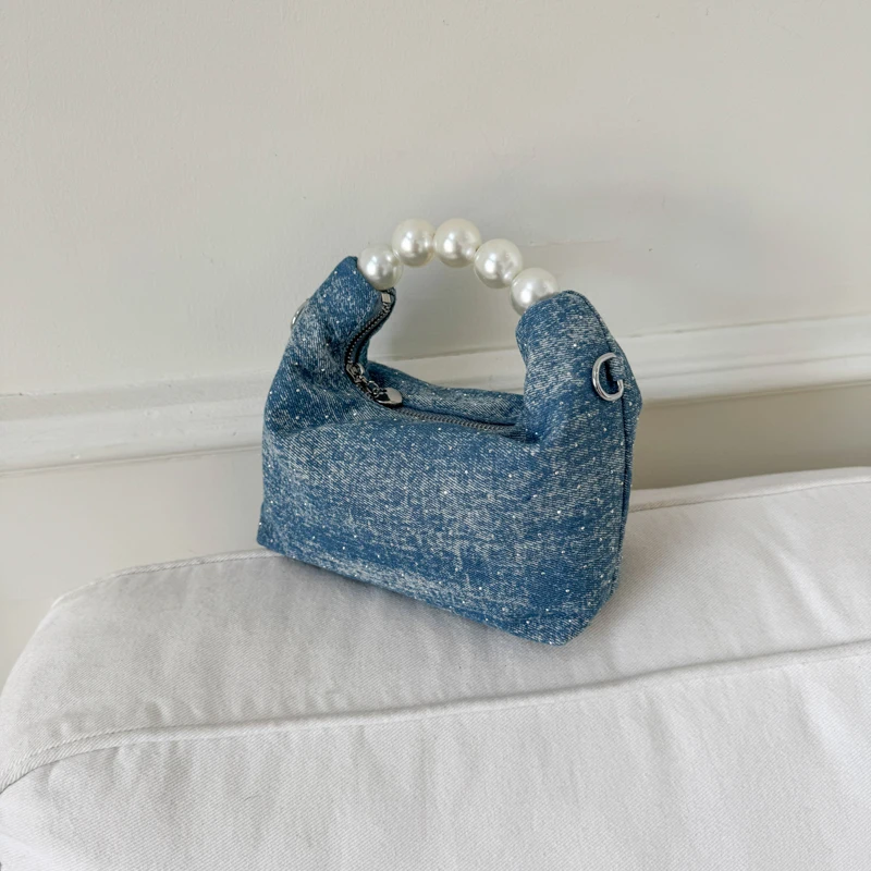 

Denim Chains Exquisite Crossbody Bags Solid Beading Women's Bags 2025 High Quality Summer New Luxurious Top-Handle Bags