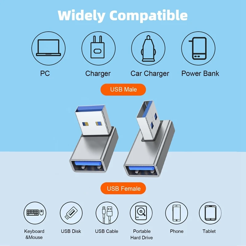 4 pces adaptador de ângulo para cima e para baixo, ângulo esquerdo e direito usb um macho para fêmea conversor extensor para pc, portátil