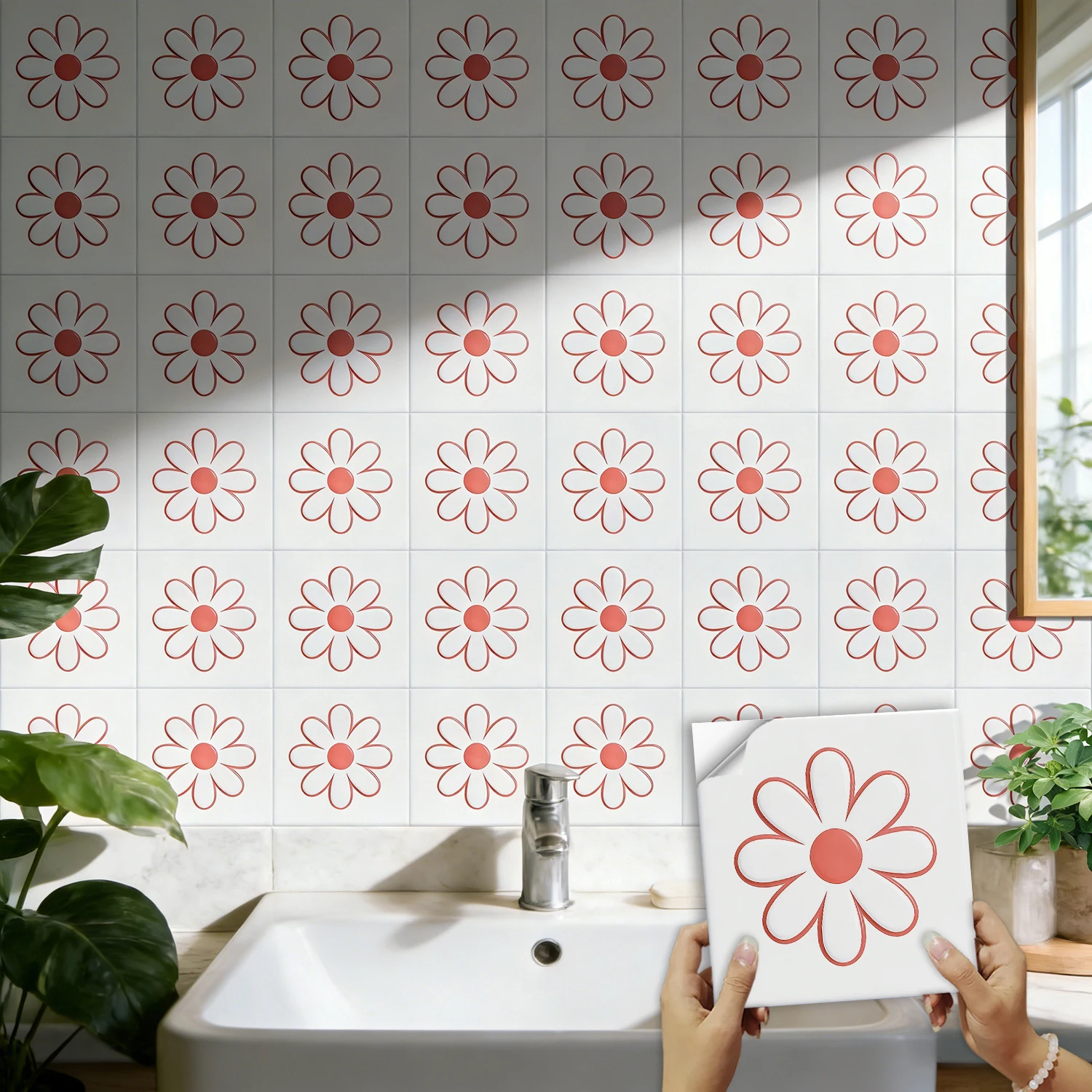 10pcs Pastel Daisy Tile Stickers Hand-Drawn Minimalist Flower Wall Decals for Bathroom Kitchen Decorative Art