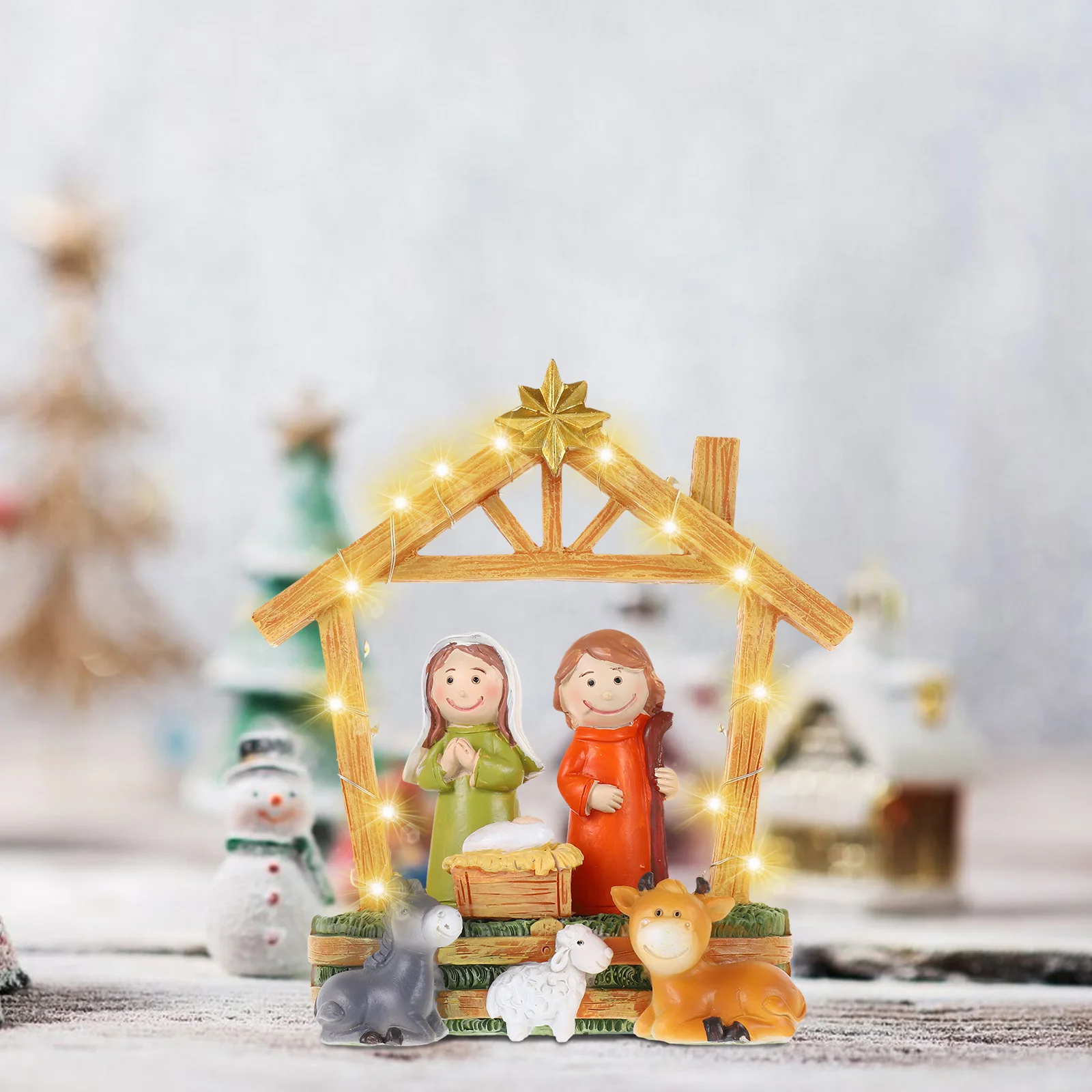 

Nativity Ornaments Christmas Scene Figurines with Lights Resin Church Decoration
