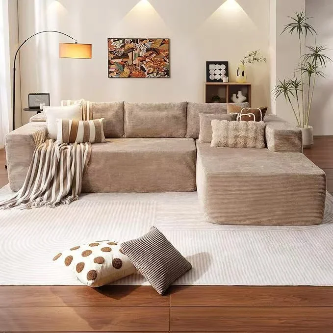 Modular L-Shaped Sectional Sofa Bed Vacuum Compressed Corduroy Fabric Couch Sponge Filling Storage for Small Space Living Room