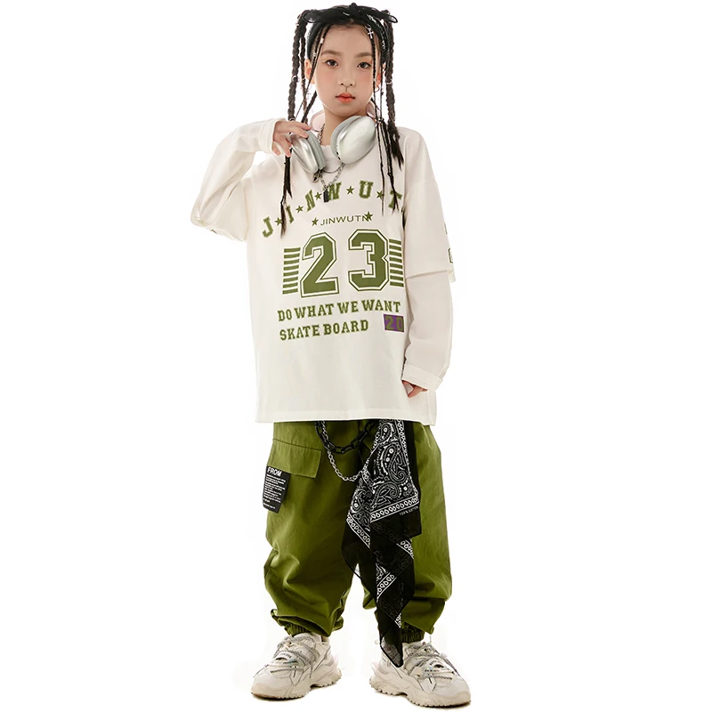 Hip Hop Dance Clothes For Girls Jazz Practice Wear White Long Sleeves Tops Green Pants Boys Teenagers Casual Clothing BL11644