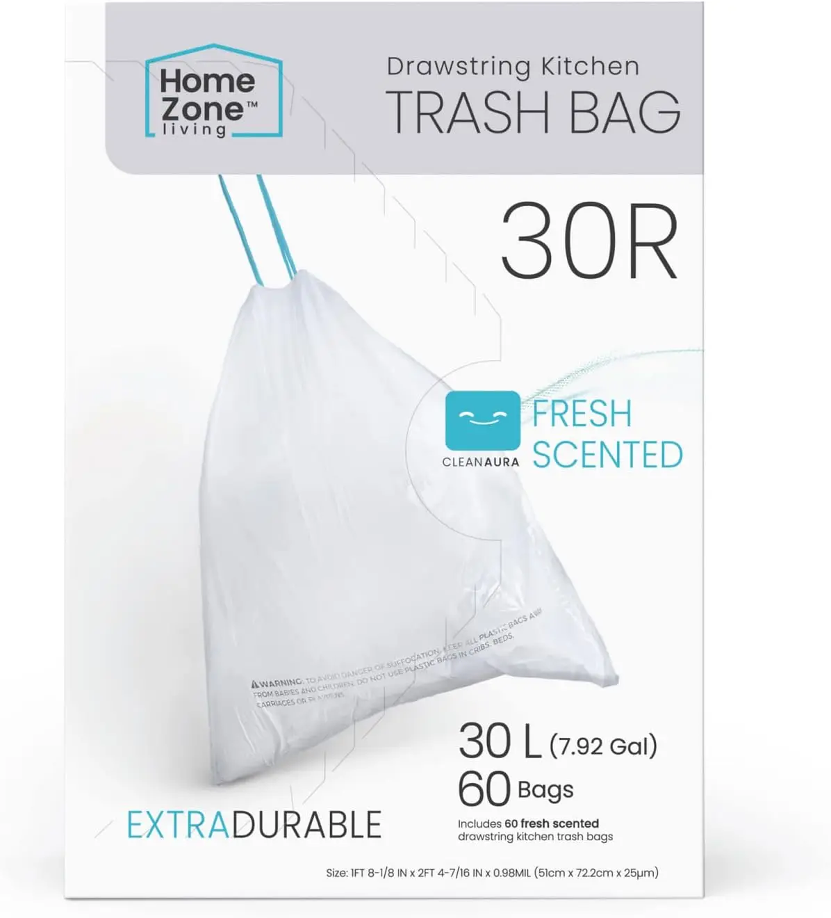 Bolsas de Basura Resistentes de 8 Galones para Cocina con Cordón, Ajuste Personalizado para Contenedores de Reciclaje Dobles de 30 Litros, Paquete de 60