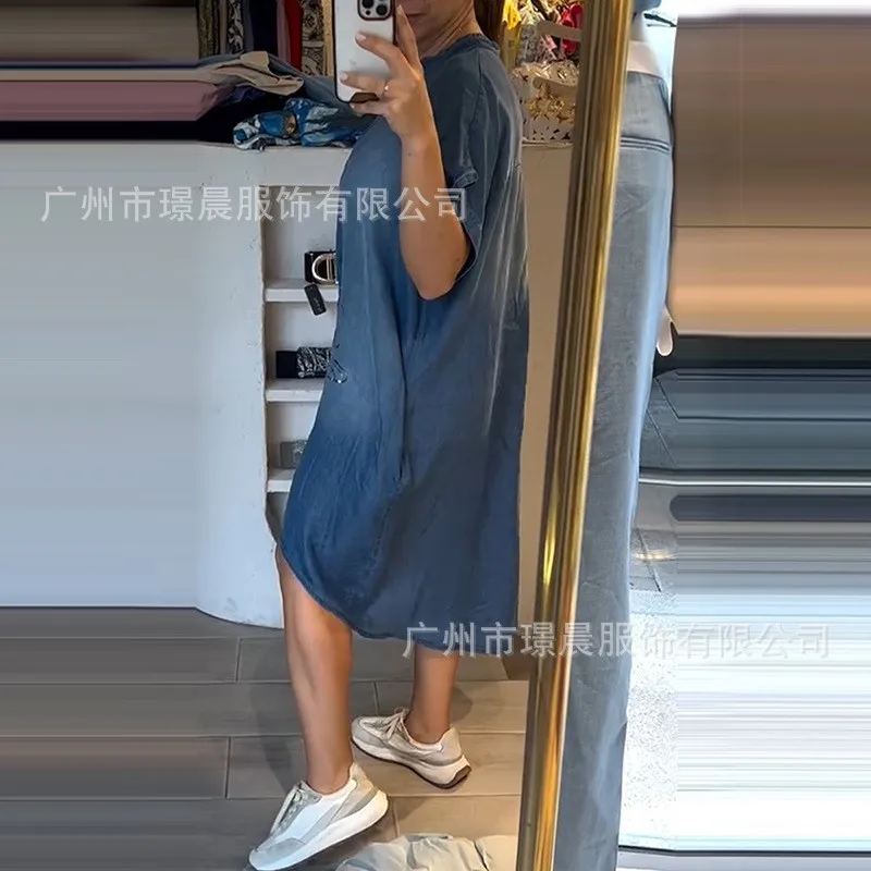 Lässige blaue Hemdkleider für Damen, kurzärmelig, Libellen-Druck, Knopfkleid, 2025, Frühling, Sommer, lose Kleider, weiblicher Bürorock